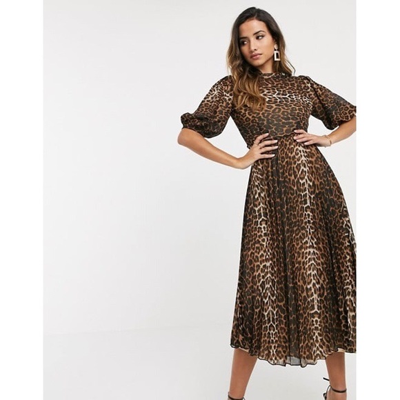 ASOS Dresses & Skirts - ASOS High Neck Midi Pleated Dress in Leopard